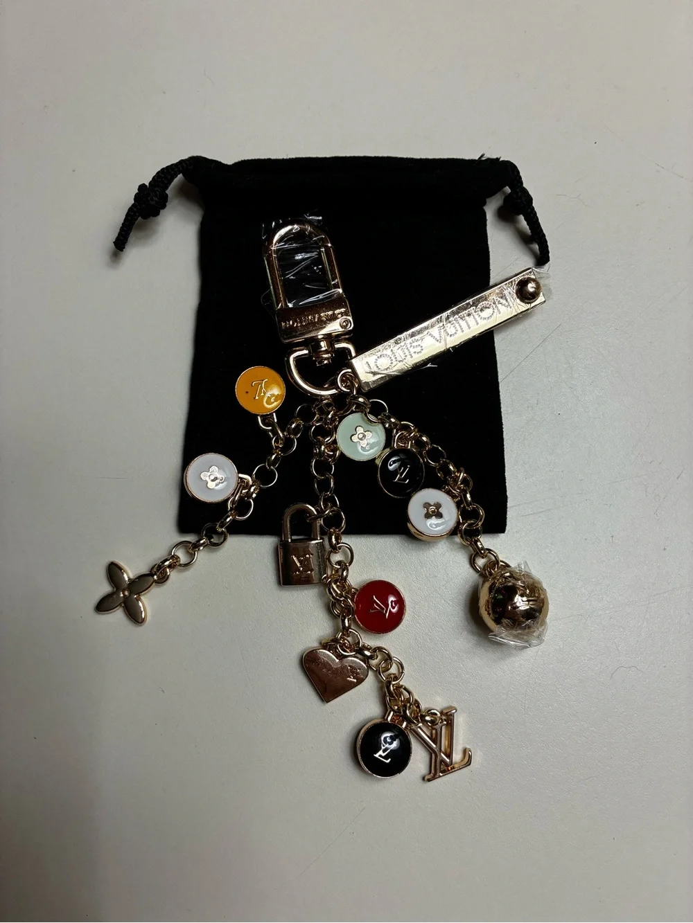 Louis Vuitton stamped Gold-Tone Multicolor Charm Keychain/ bag charmEnamel Discs